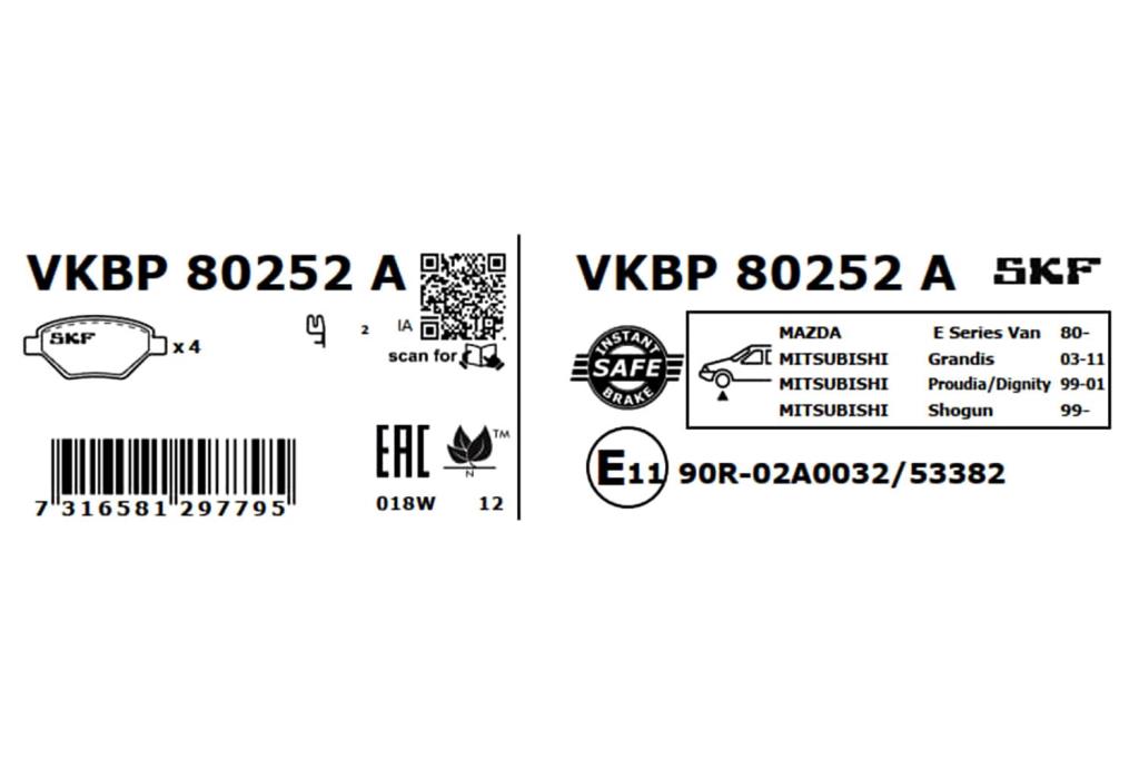 Jeu de 4 plaquettes de frein SKF ref. VKBP 80252 A